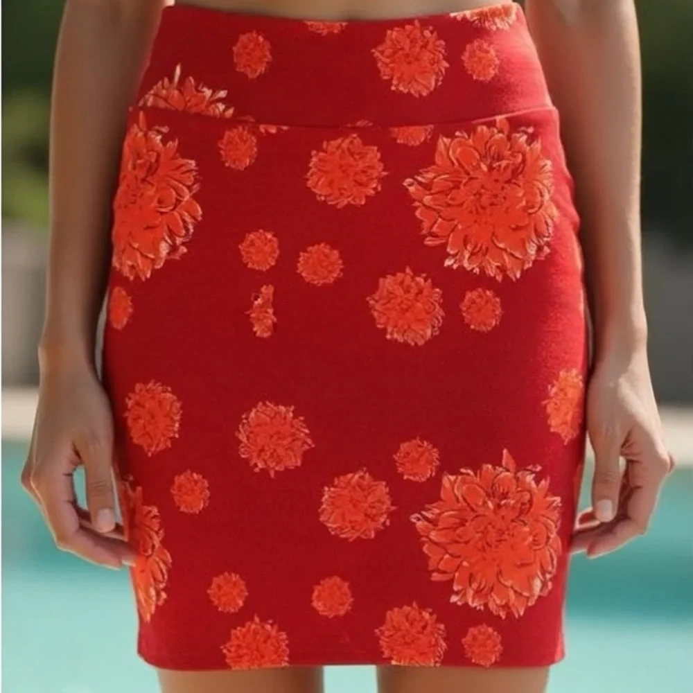 LulaRoe Cassie Pencil Skirt Stretchy High Wide Waist Band Large 14-16 Red Floral